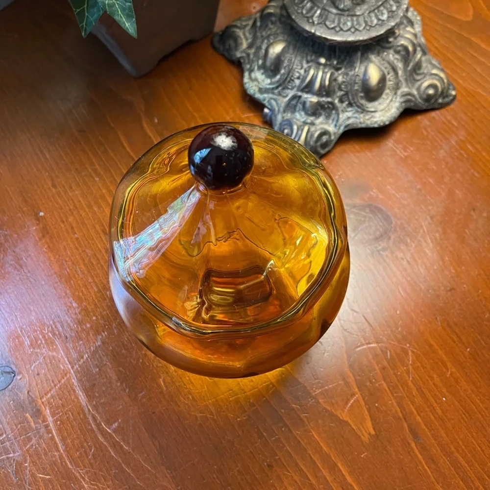Depression, glass, pedestal candy dish amber